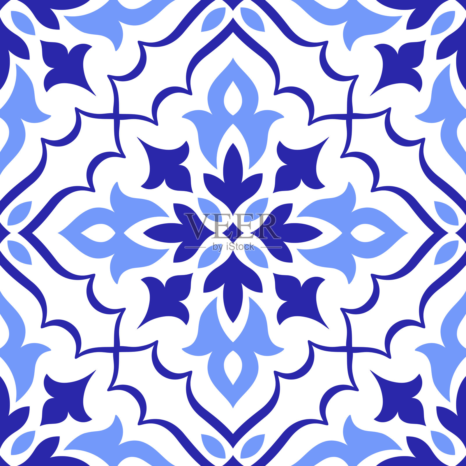 地中海蓝色无缝图案，瓷砖，矢量图插画图片素材