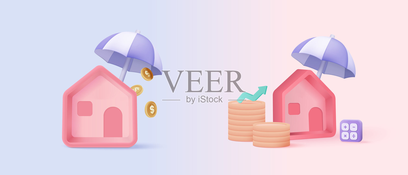 3D 房地产和硬币，带有保险保护。省钱贷款买房，金融资产，货币投资。一堆硬币和一个小房子银行。3D房屋图标矢量渲染插图插画图片素材