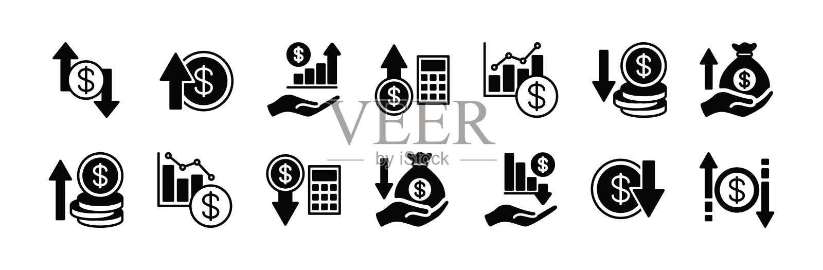 利润和亏损图标集。包含财务增长和下降统计数据图表、金钱、货币、销售、收益、经济、交易、贸易。增加和减少箭头。矢量图插画图片素材