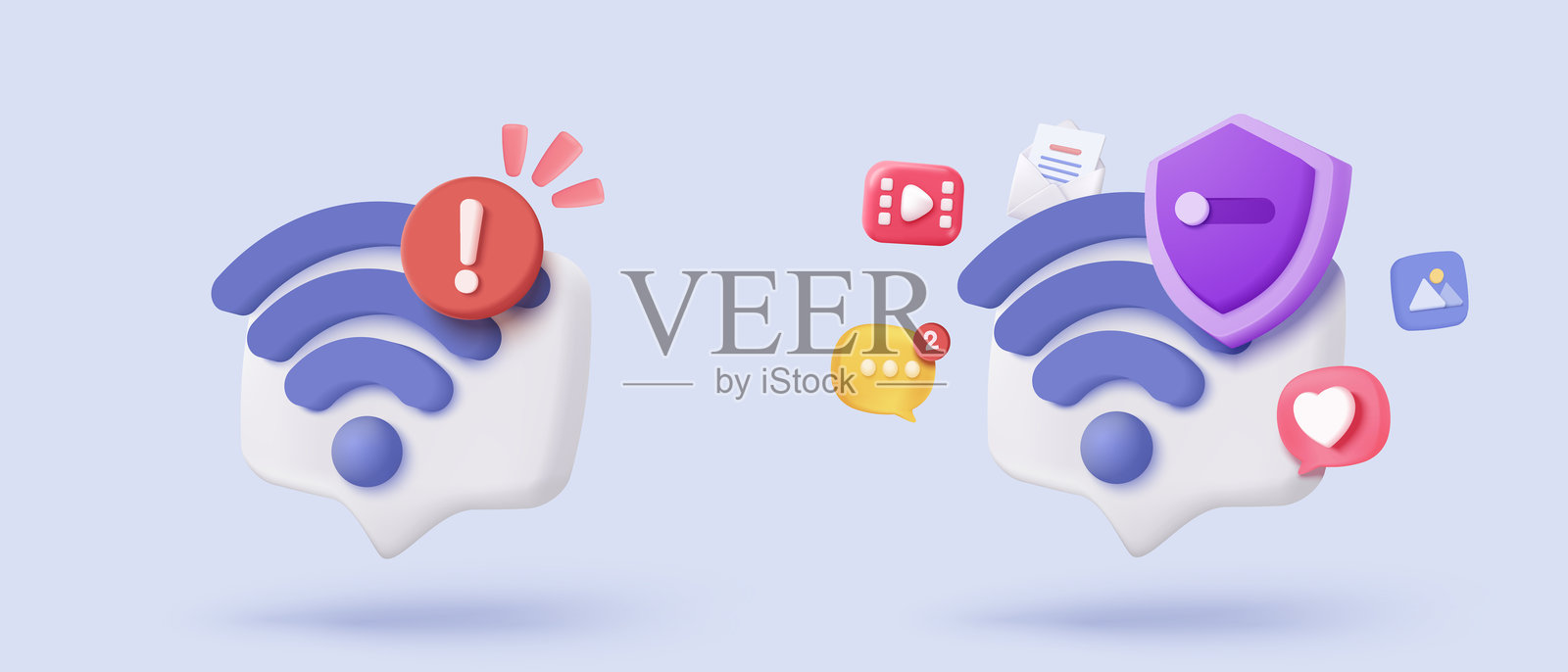 3D 图标：互联网上的无线连接与共享网络。覆盖范围的热点接入点。公共 WiFi 连接的广播区域。3D 无线信号简洁图标矢量渲染插图插画图片素材