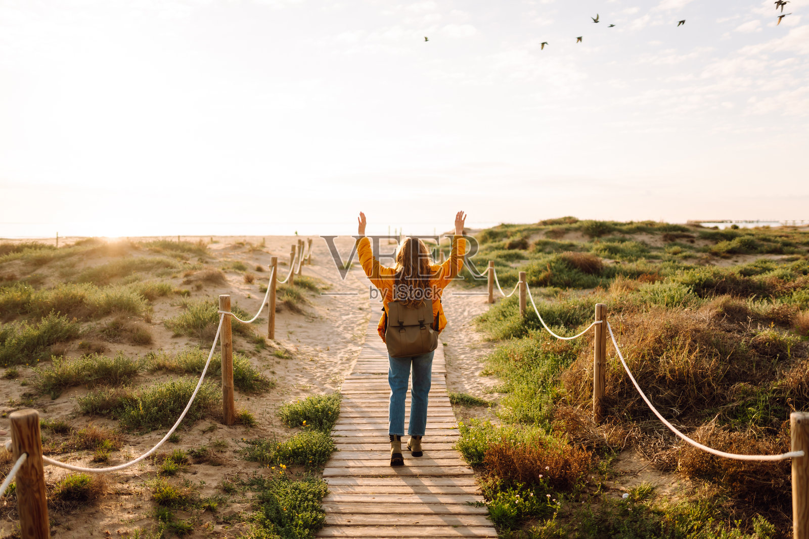 年轻女子身穿亮色夹克，背着背包，沿着木制步行道走向大海的背影。照片摄影图片