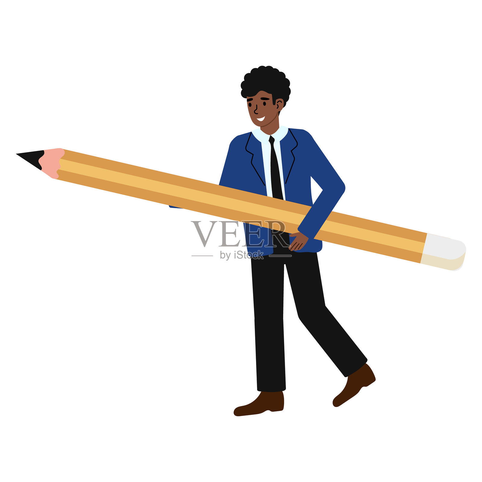 一位商人在充满创意的环境中，手持一支巨大的铅笔，面带微笑，寓意创新想法。插画图片素材