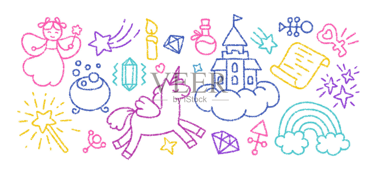 蜡笔和铅笔手绘的魔法图标插画图片素材