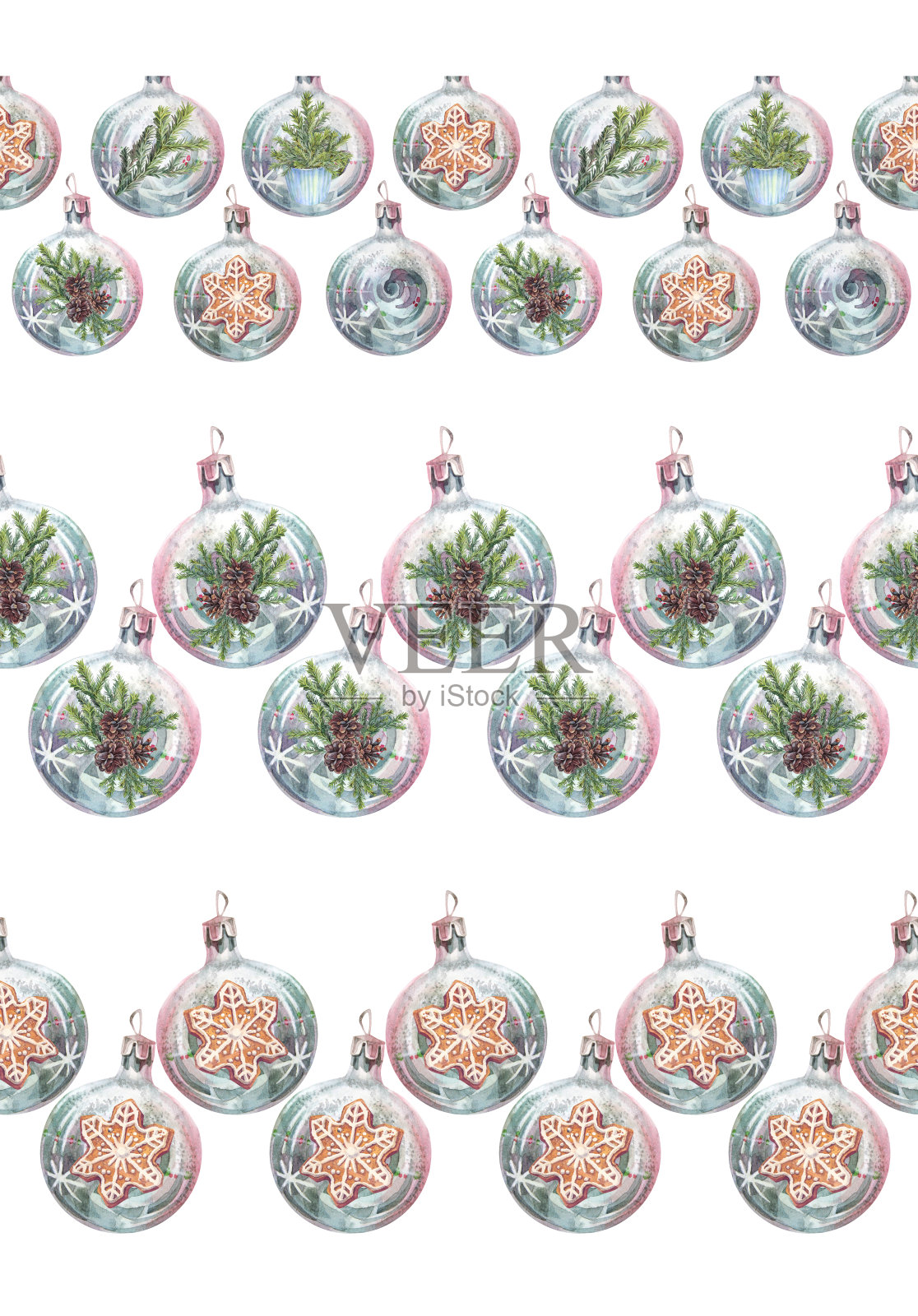 水彩圣诞装饰球，具有蓝色、绿色和闪亮的无缝边框，背景为白色，带有松树枝。适用于新年派对庆典的玩具装饰圈，可用作壁纸或包装纸。插画图片素材