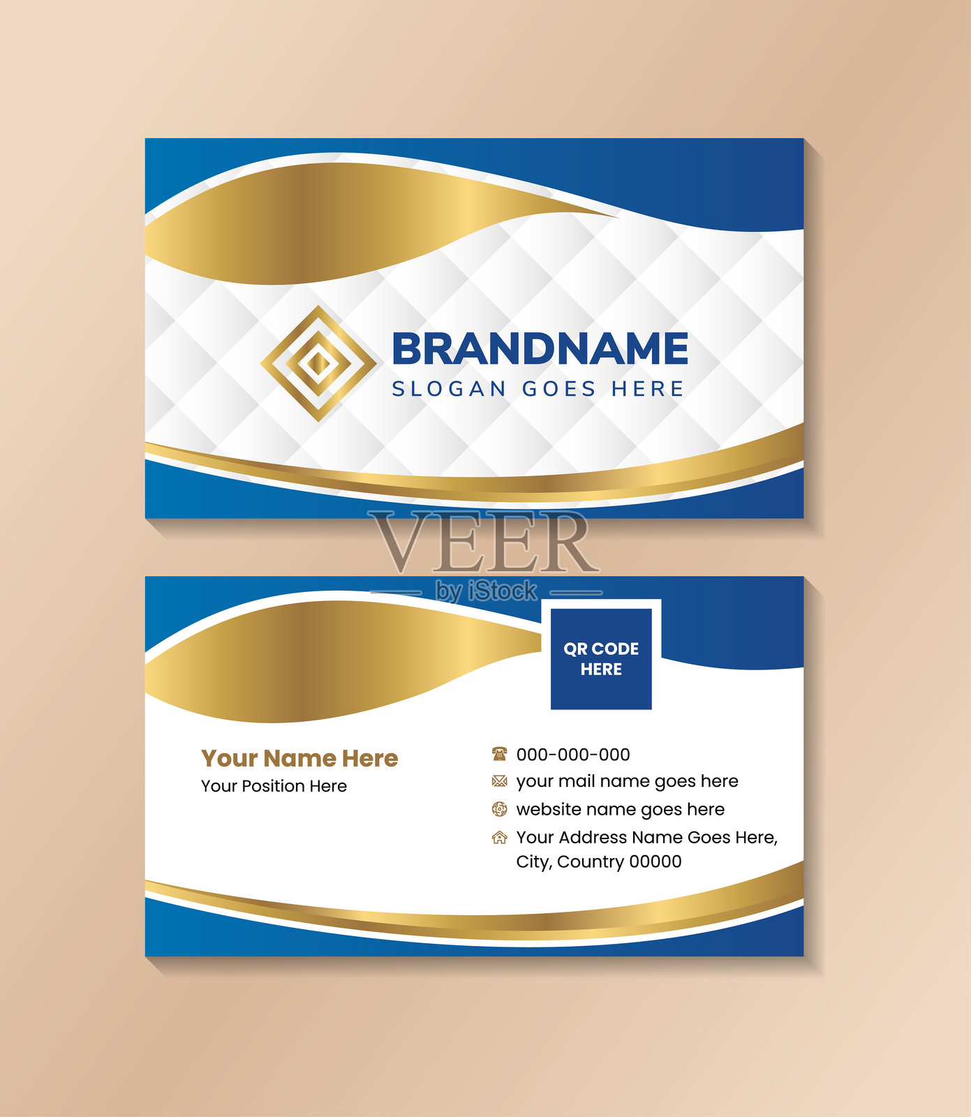 名片模板设计，融合了蓝色和金色元素，横向布局。透明的对角线方形灰色白色渐变图案作为身份证件元素。插画图片素材