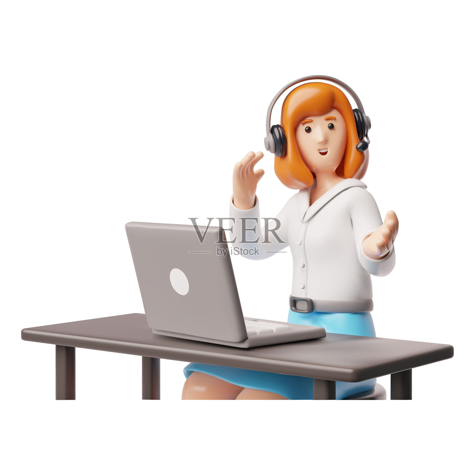 一位穿着办公室服装、衬衫和上衣的女性角色，坐在办公桌前使用笔记本电脑，并做出手势。插画图片素材