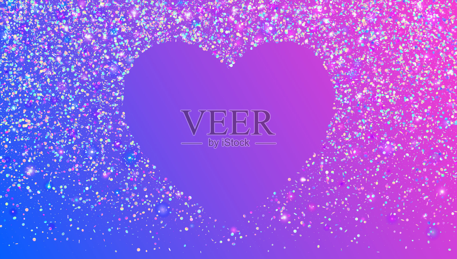 心形闪光纸屑。蓝色闪亮火花，用于狂欢节和派对。彩虹情人节和婚礼背景。全息璀璨光芒。用于爱情概念的虹彩闪光纸屑。插画图片素材