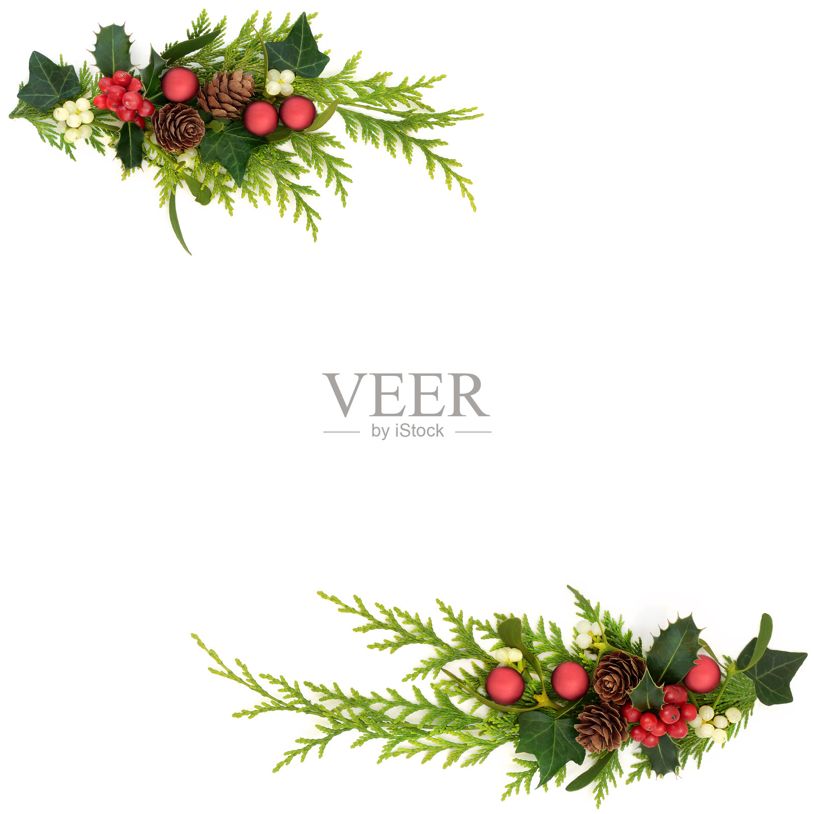 圣诞饰品和植物边框设计照片摄影图片