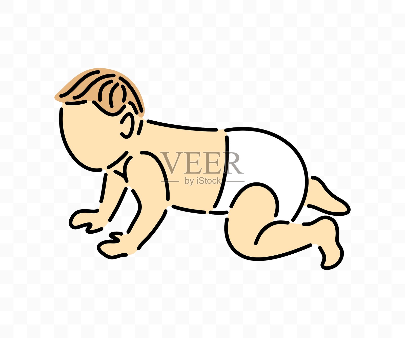 穿着纸尿裤的婴儿在爬行，侧面视图，平面设计。婴儿，幼儿，童年，儿童，矢量设计与插画插画图片素材