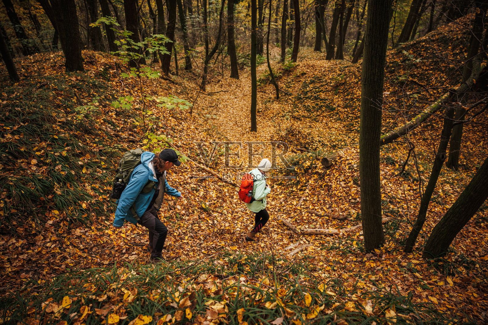 两位背着背包、穿着运动服装的朋友在荒野地区一起徒步照片摄影图片
