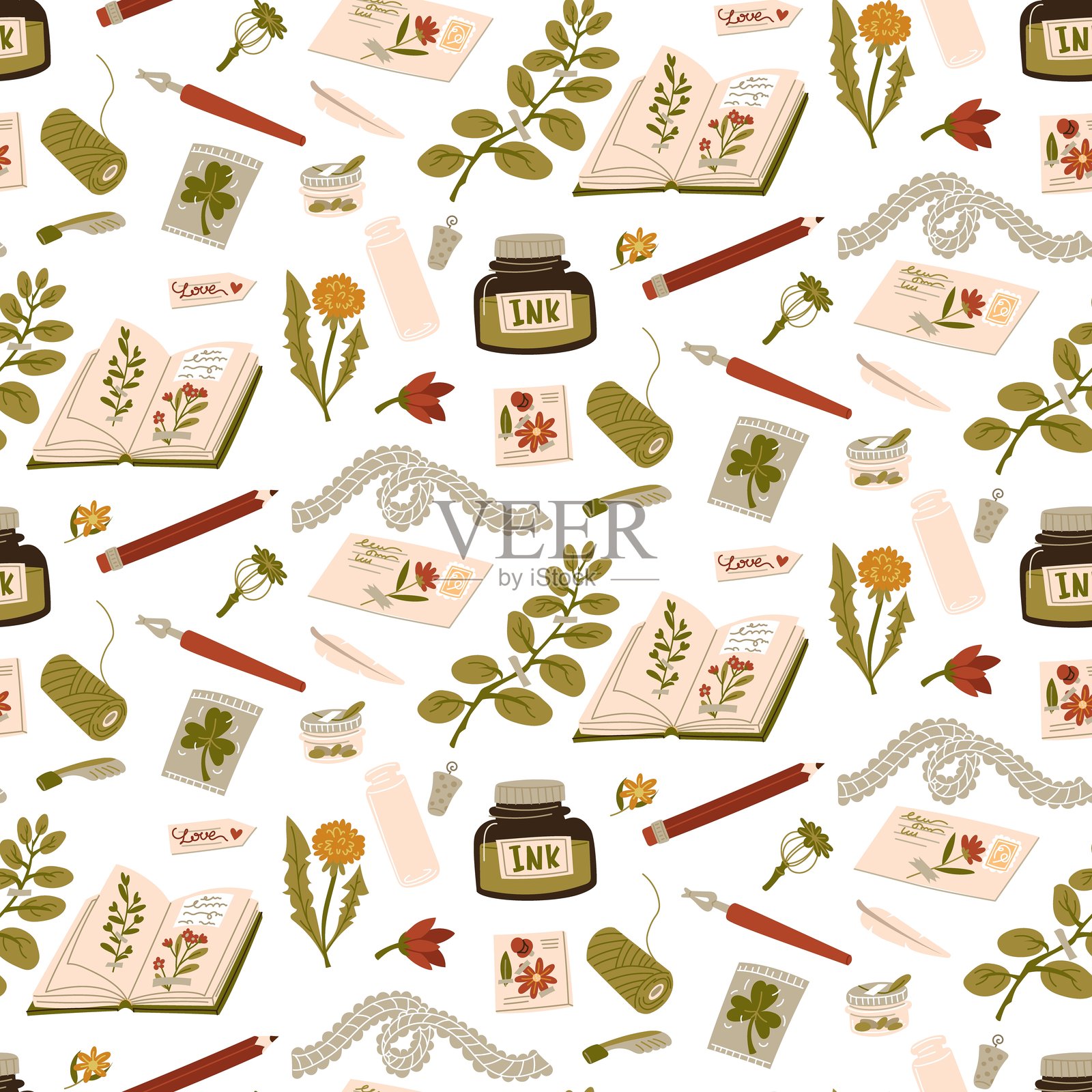 用于剪贴簿和植物标本制作的配件图案。手工、缝纫和创意爱好工具、材料和设备。铅笔、胶带、墨水、剪刀、纸张、书籍、信件。扁平包装插画图片素材