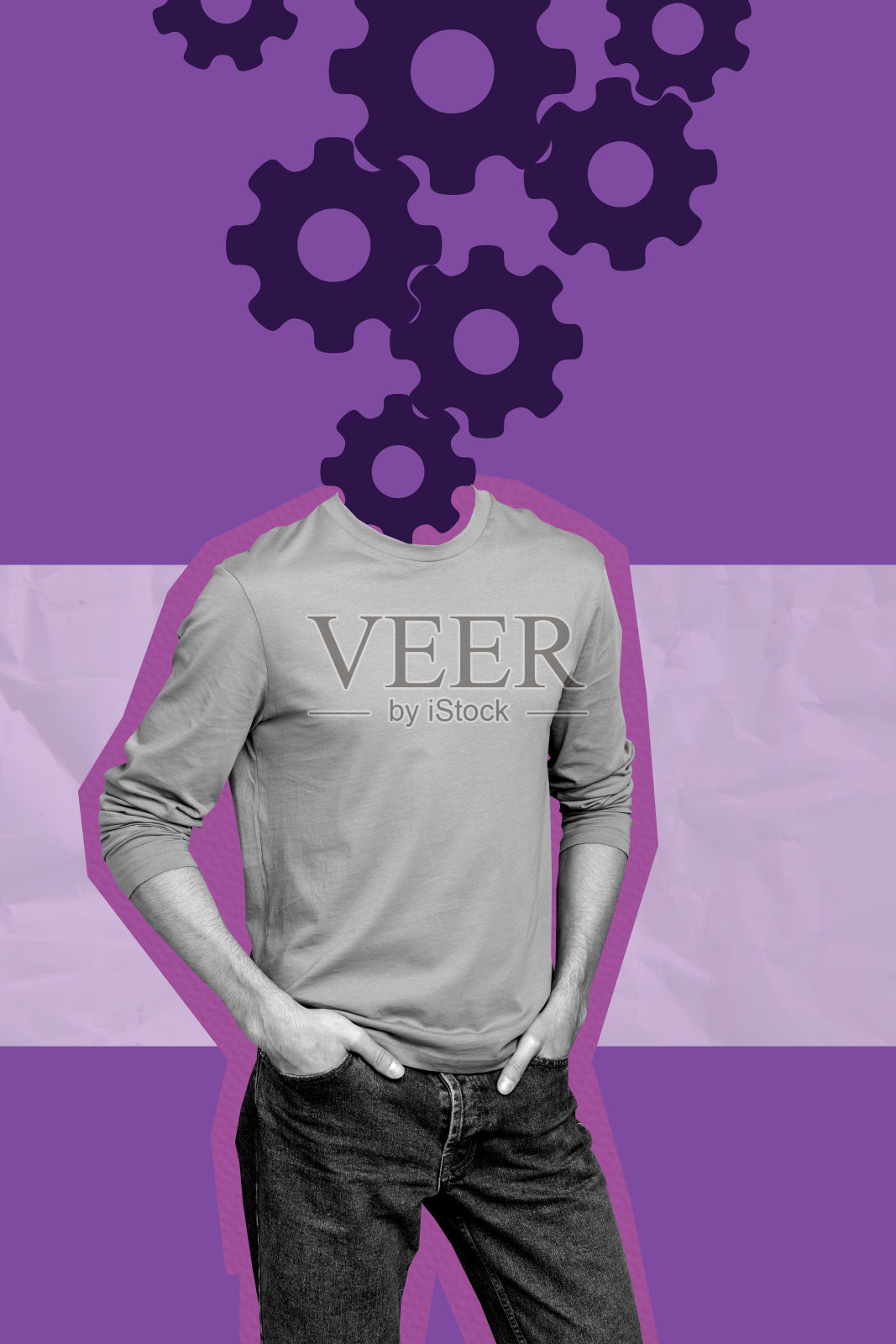 独家流行 3D 图像横幅拼贴：头部为齿轮机械的匿名男子，象征业务优化、进展和设置照片摄影图片