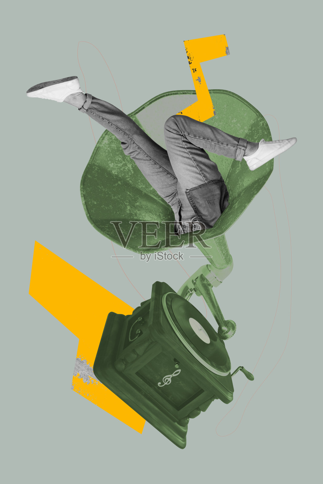 竖版海报拼贴，匿名人物偷看留声机，复古音乐，庆祝，播放列表，夜总会，场合，旋律，音符照片摄影图片