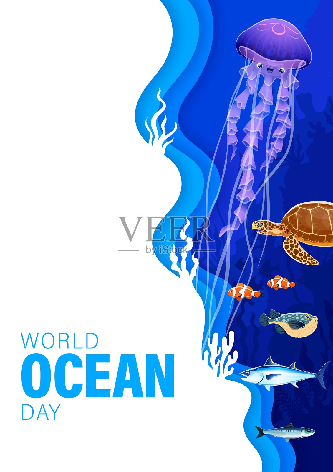 世界海洋日剪纸海报，描绘水下场景插画图片素材