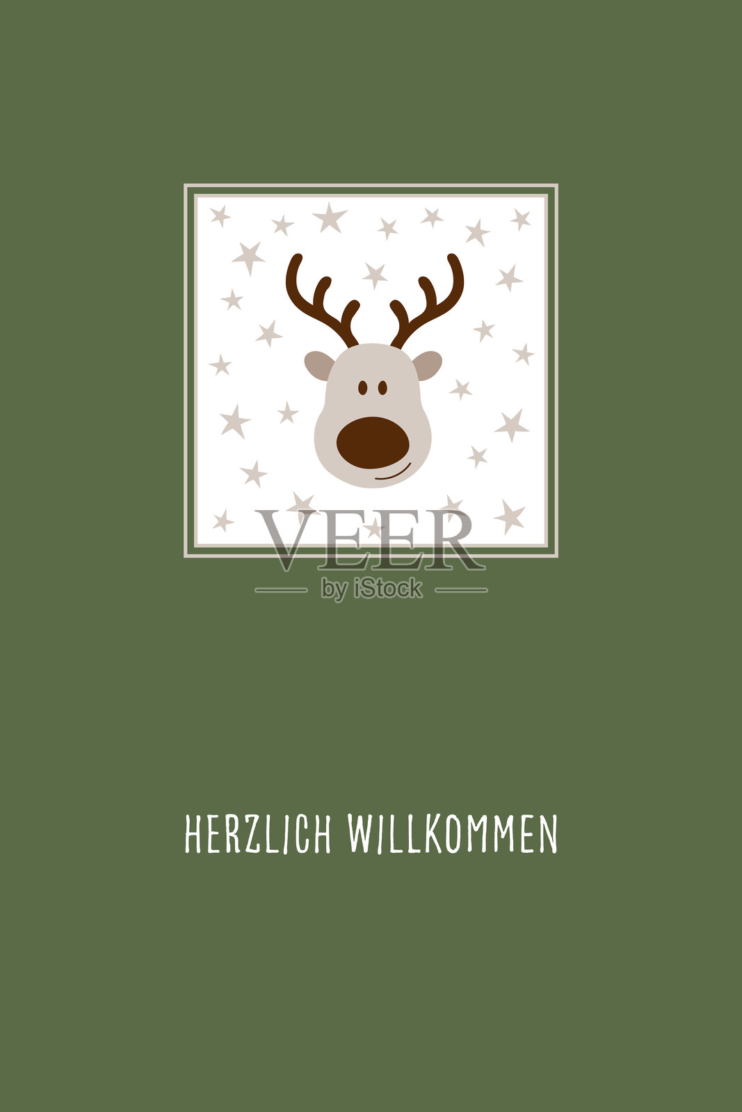 热烈欢迎 - 德语文本 - 热情的问候。带有驼鹿和星星的贺卡。插画图片素材