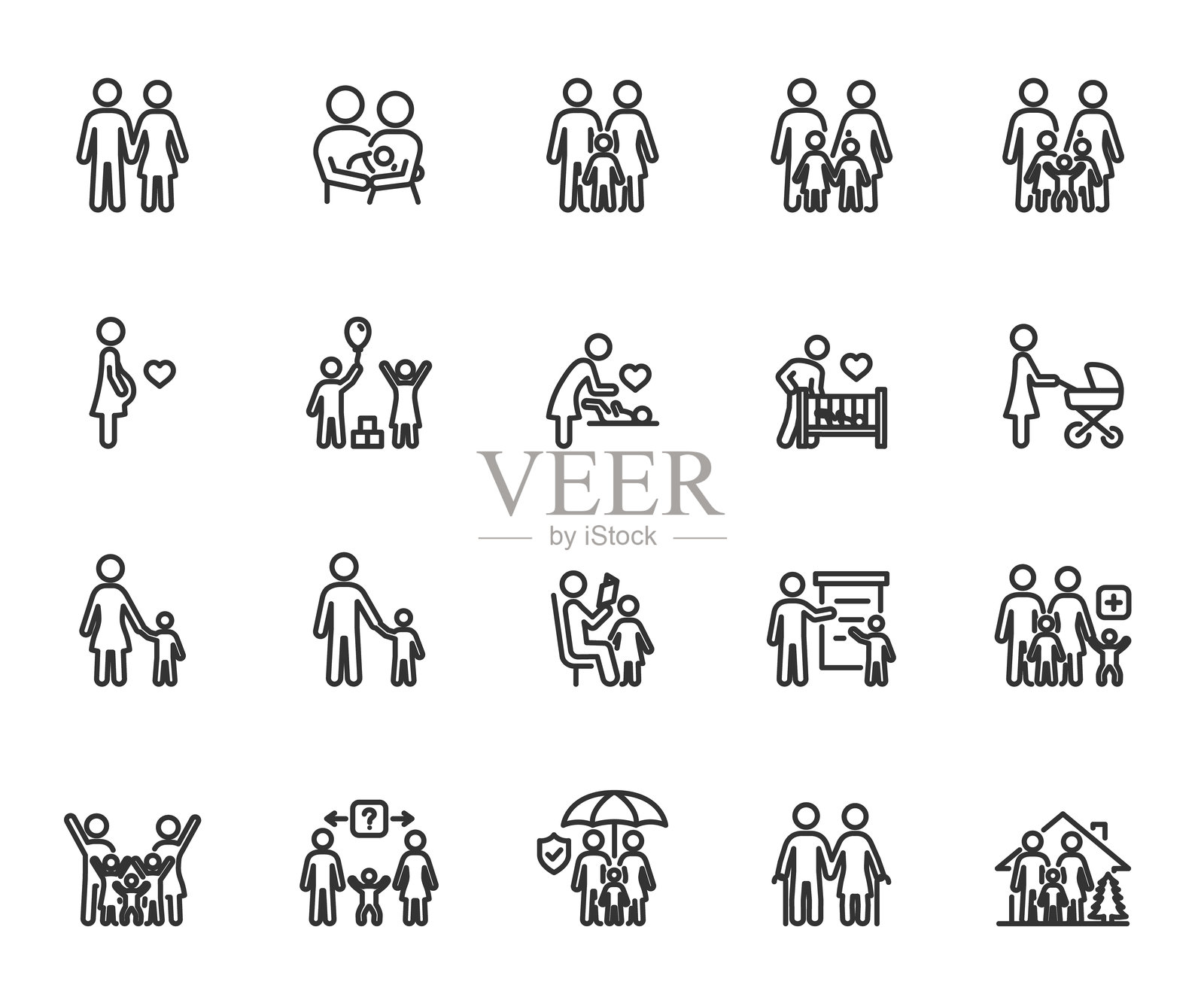 家庭线条图标矢量集。包含母亲、父亲、怀孕、子女、抚养、育儿、监护、收养等图标。像素完美。插画图片素材