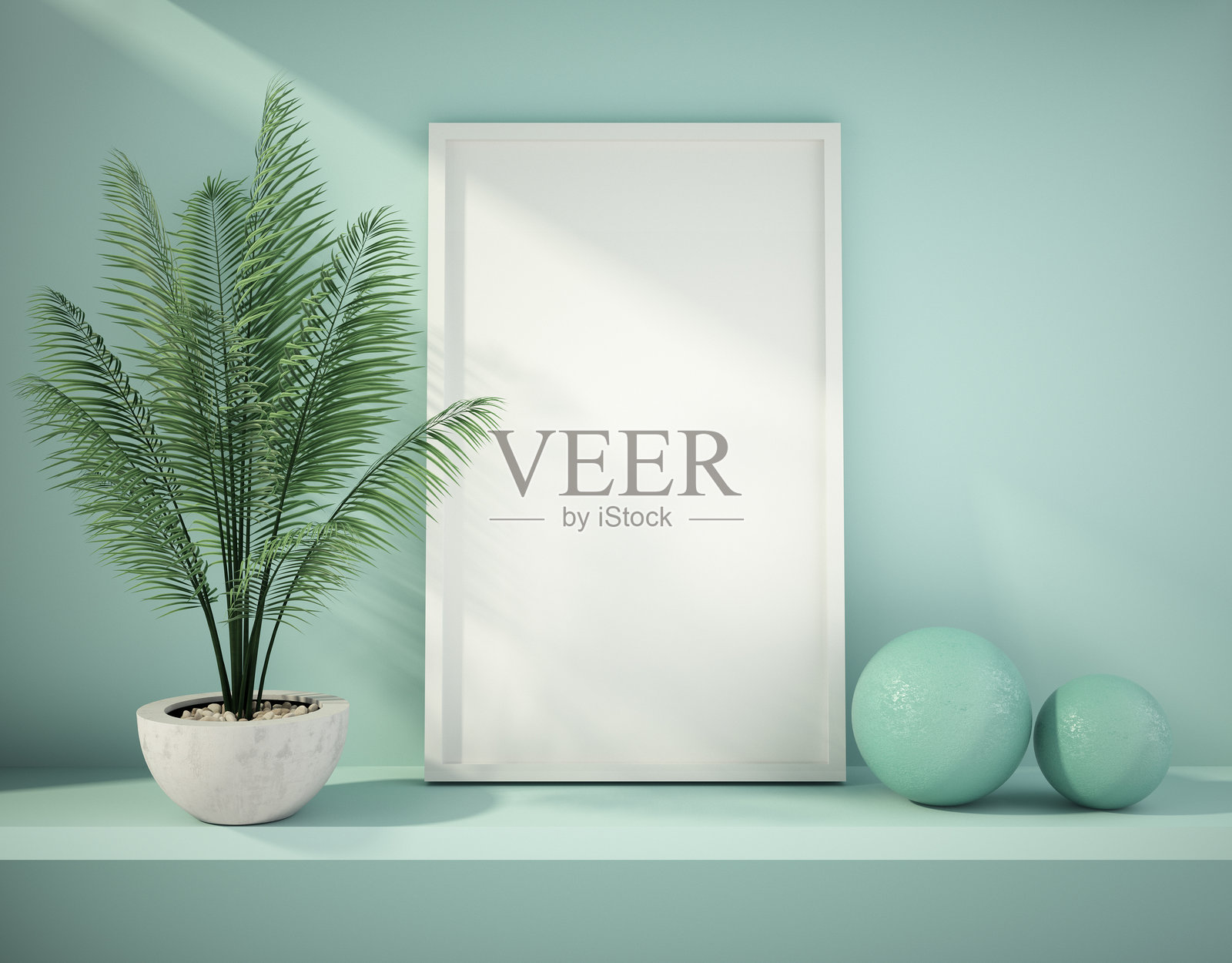 装饰性的室内陈设，以植物和极简主义艺术品营造出宁静的氛围照片摄影图片