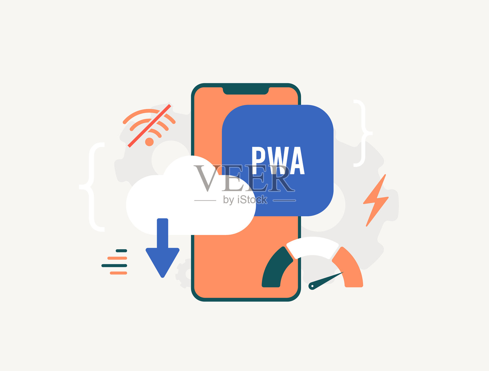 渐进式Web应用结合了移动应用的加载速度和网站的覆盖范围，使开发人员和无代码构建者能够创建快速、可靠、可安装的应用程序。独立的PWA矢量插画插画图片素材