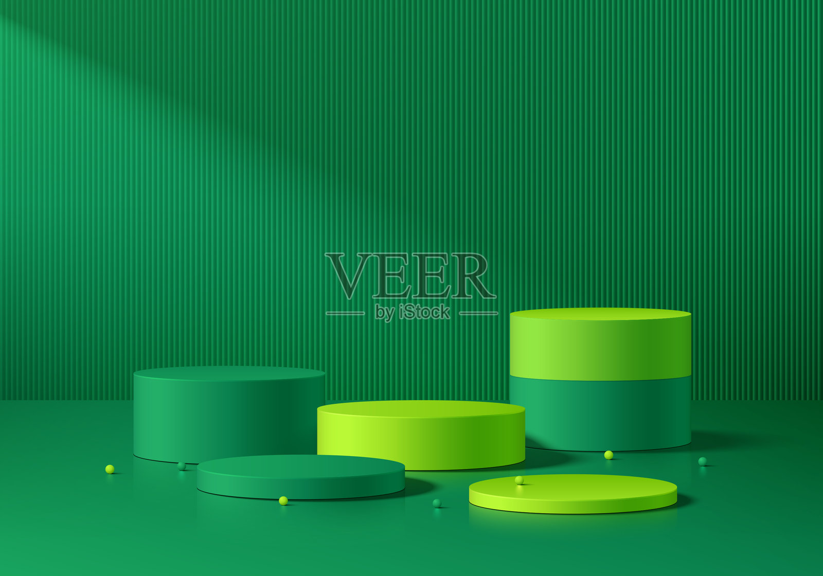 3D绿色圆形产品领奖台背景，带有空白墙壁场景。极简风格的抽象几何构图。3D影棚展示厅展台，时尚T台展示模型。插画图片素材