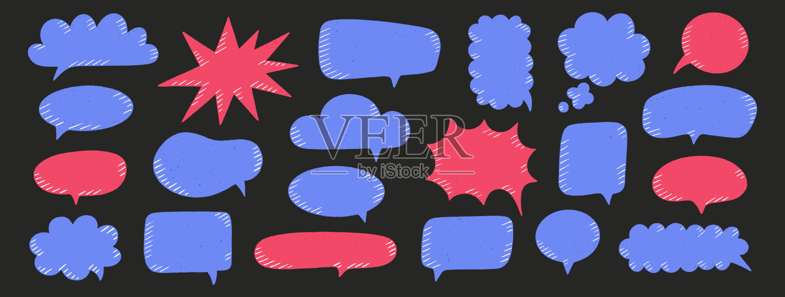蜡笔对话气泡集，黑色背景上的彩色云彩插画图片素材