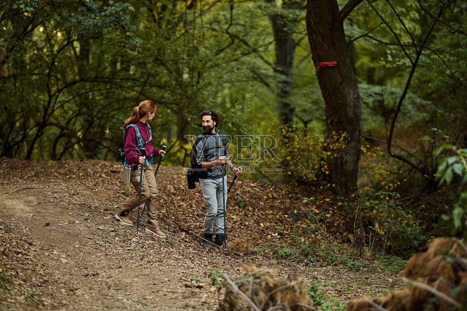情侣徒步穿越森林，手持登山杖照片摄影图片