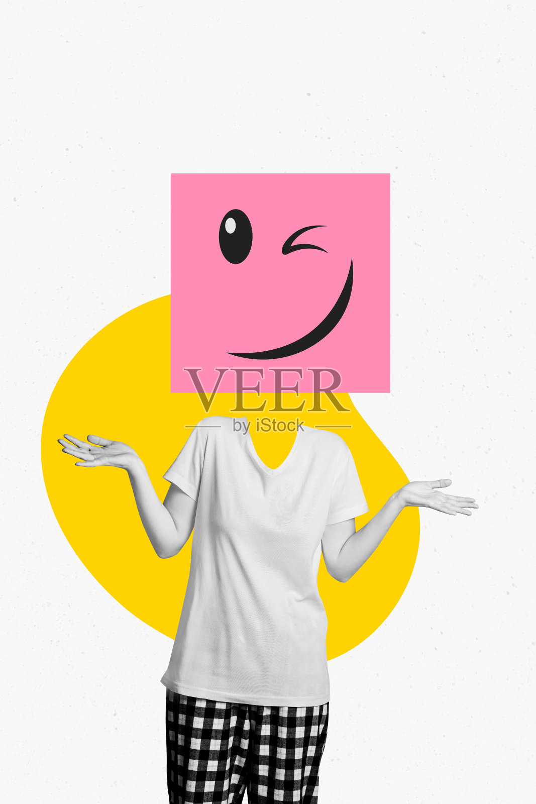 杂志艺术风格的潮流拼贴，一个打瞌睡的女孩，头部被表情符号替换，眨眼，社交媒体，床上用品，睡衣派对照片摄影图片