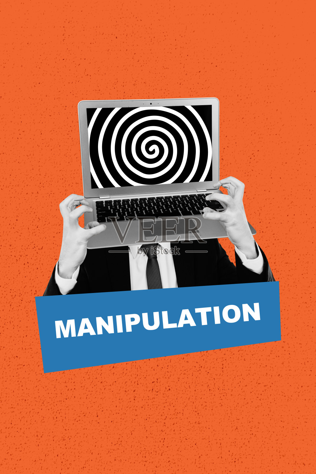 素描横幅艺术作品 3D 照片拼贴画，一个没有头的人，笔记本电脑，催眠，操控，洗脑概念，成瘾照片摄影图片