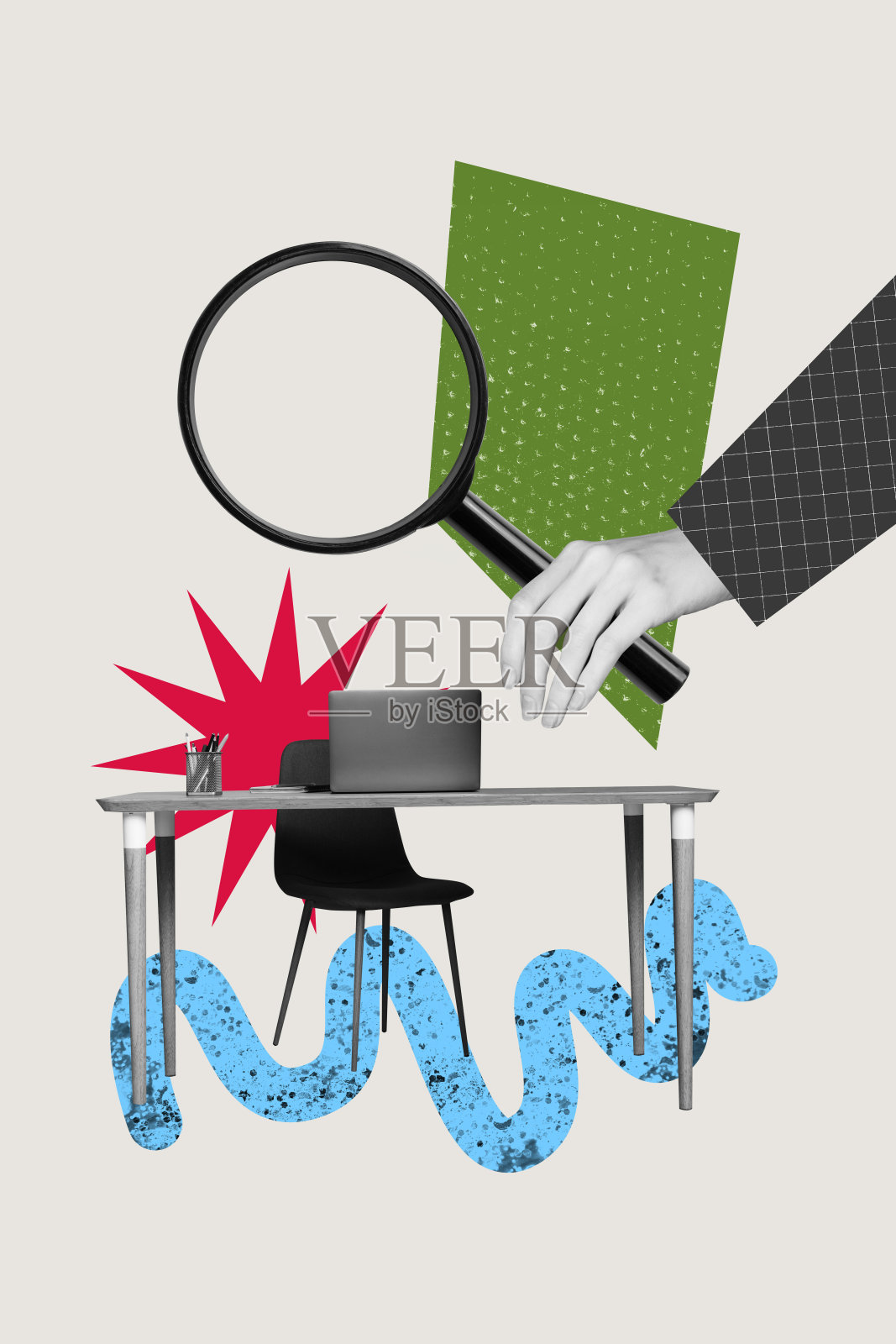 招聘活动3D拼贴画：一只手拿着放大镜在办公桌上搜索合适的求职者，旁边有椅子和笔记本电脑照片摄影图片
