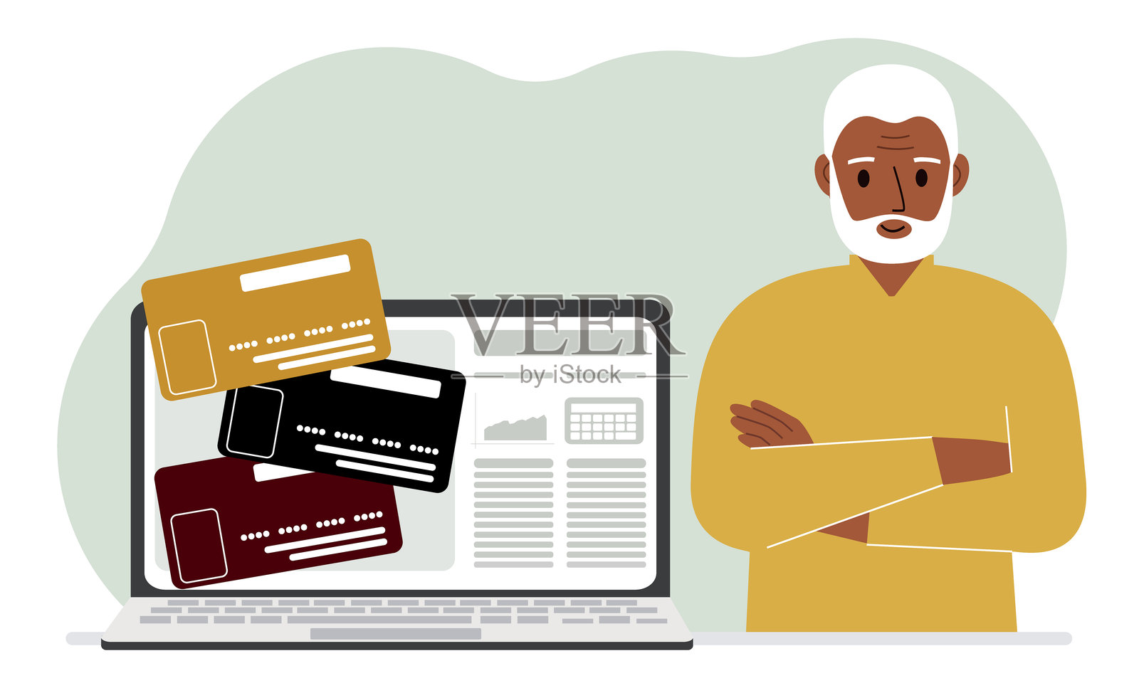 一个人在笔记本电脑旁边。代表在线货币、银行、贷款、抵押贷款或存款的概念。插画图片素材