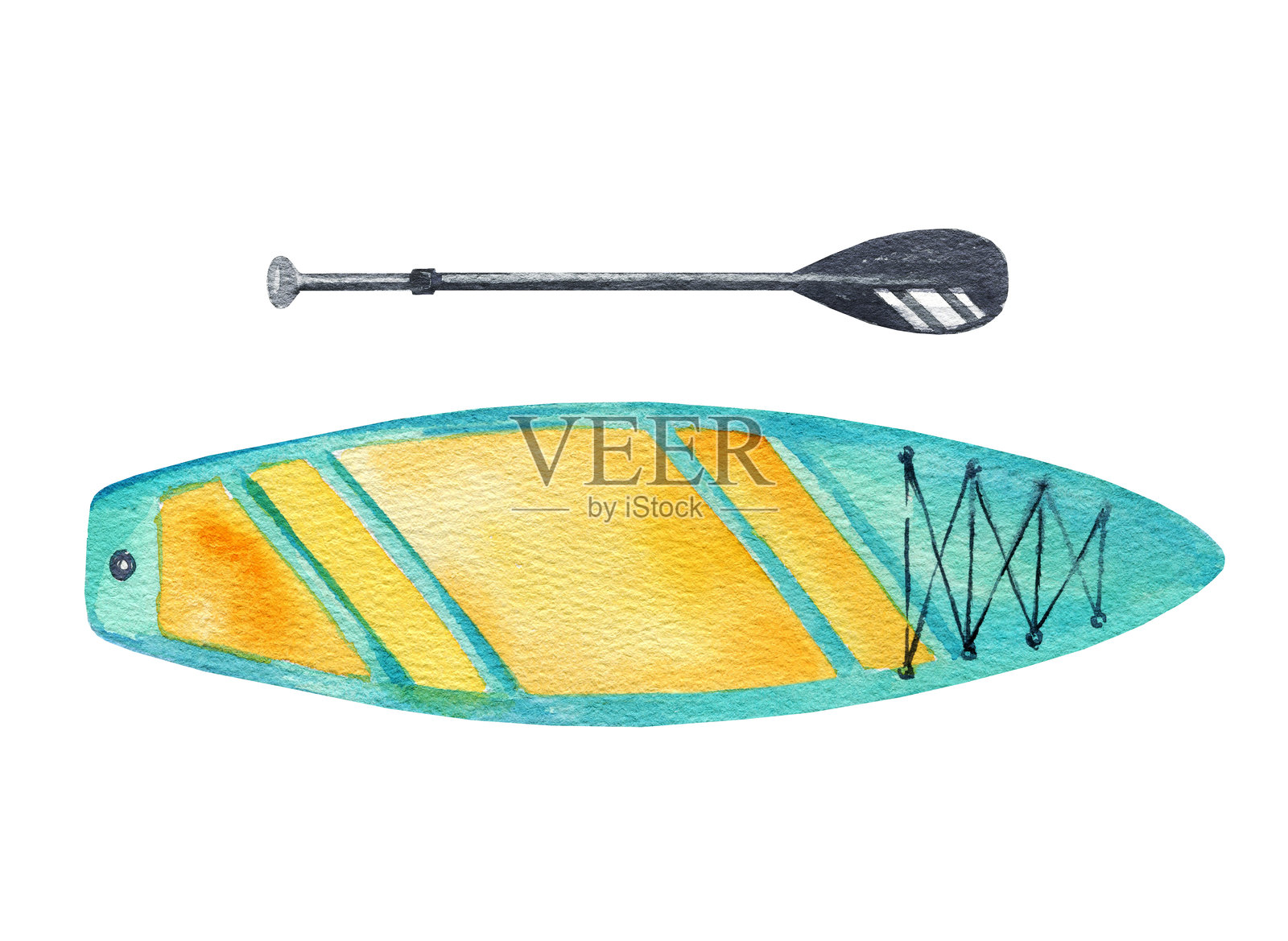 水彩充气桨板站立，黑色桨，手绘插画风格的明亮立式桨板，海边、海洋、河流的活动运动装备，夏日水上度假的素描插画图片素材