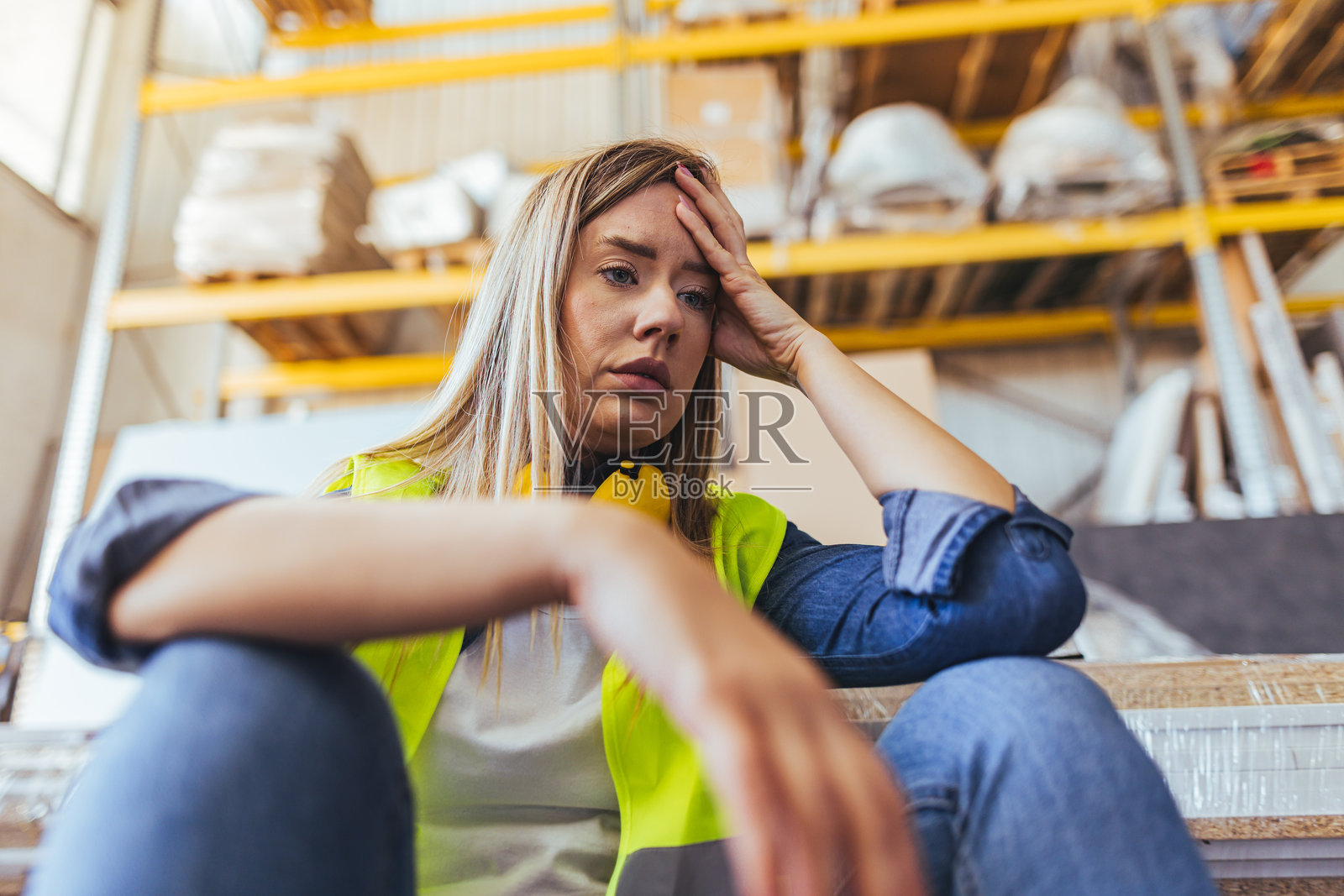 背景有货架的仓库里，一位压力大的女工正在休息照片摄影图片