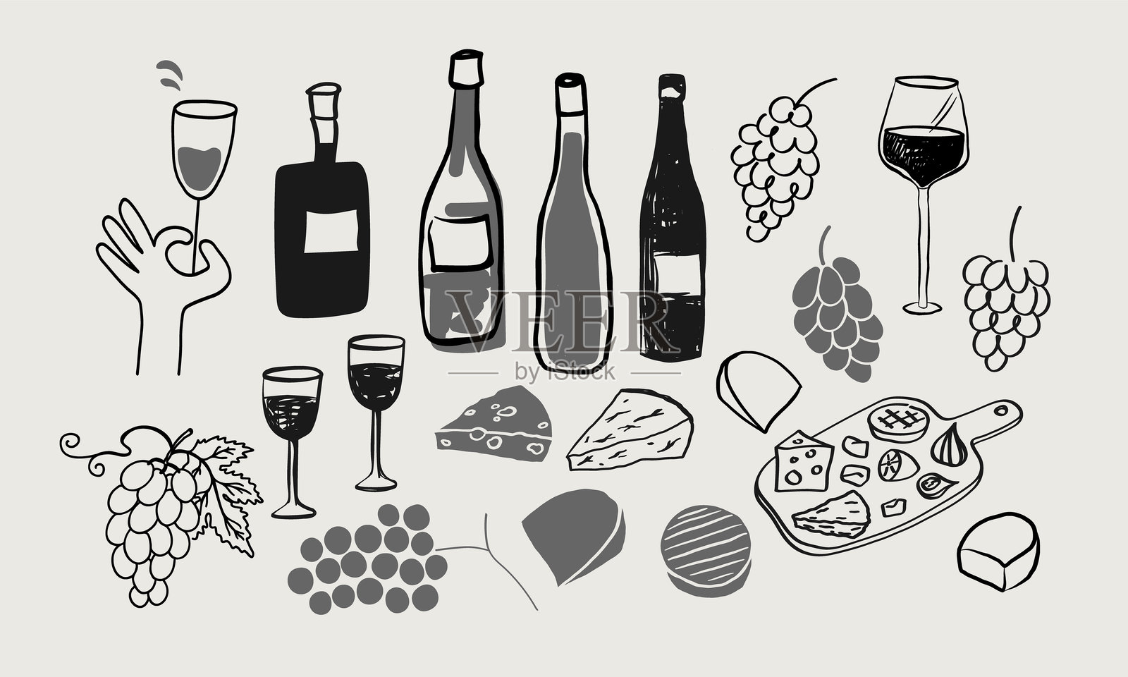 葡萄酒、葡萄、奶酪的素描。各种葡萄酒瓶、酒杯、葡萄园、酒庄的矢量插画。博若莱新酒节、品酒会、标签、卡片的创意元素。饮品派对。插画图片素材