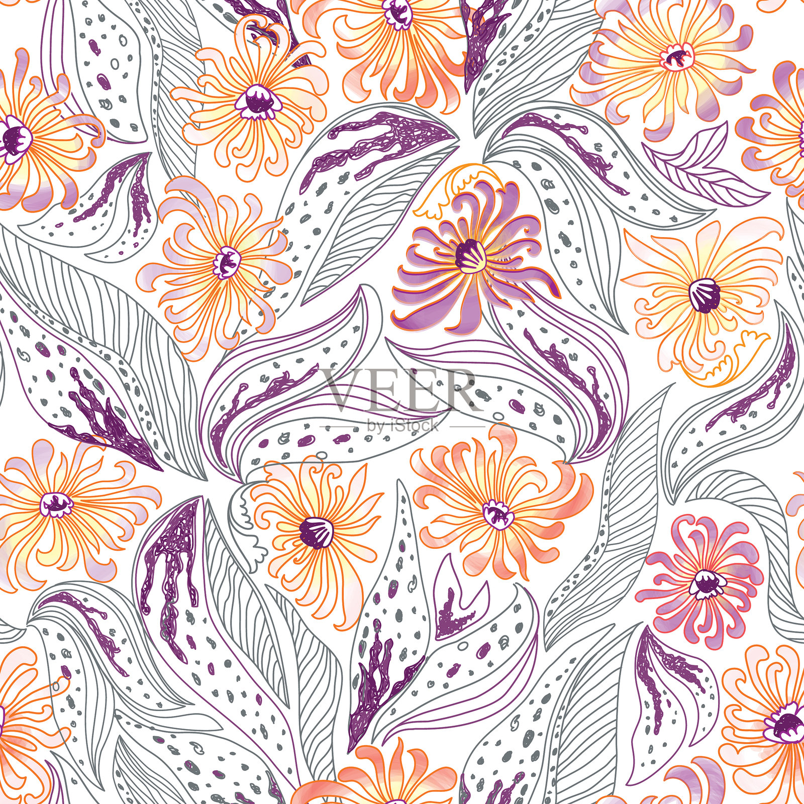 花卉无缝图案。花朵背景。盛开的花园纹理，带有鲜花。插画图片素材