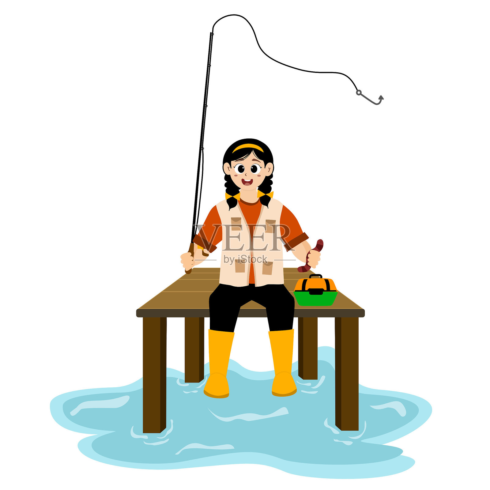 钓鱼矢量插画。女渔夫和鱼。钓鱼者的概念插画。钓鱼爱好活动。人们在池塘、湖泊或河流中钓鱼。插画图片素材