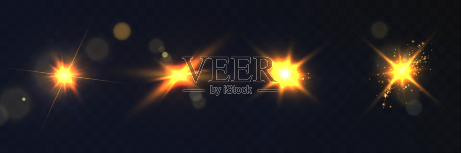 一组闪耀的金色光晕和火花，背景为深色透明。插画图片素材