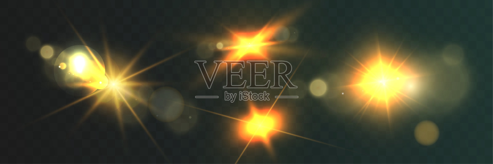 一组金色发光的光晕和闪光，背景为深色透明。插画图片素材