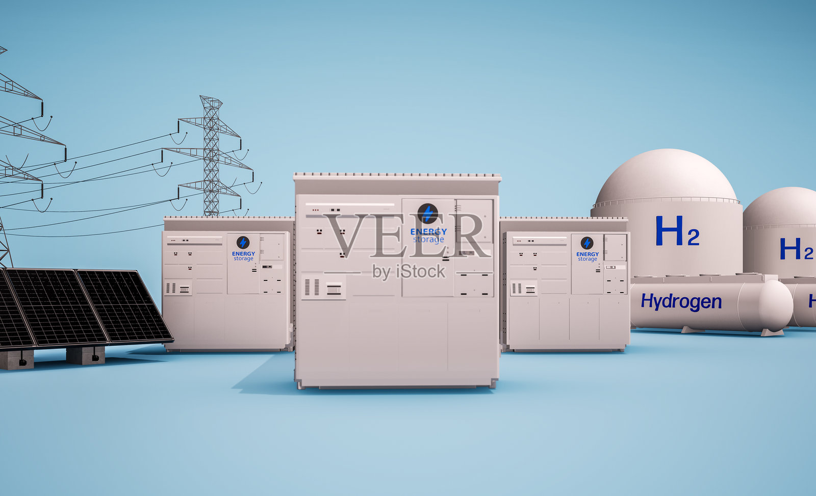 替代能源概念，包含一组储能系统或电池集装箱单元，以及各种能源来源照片摄影图片