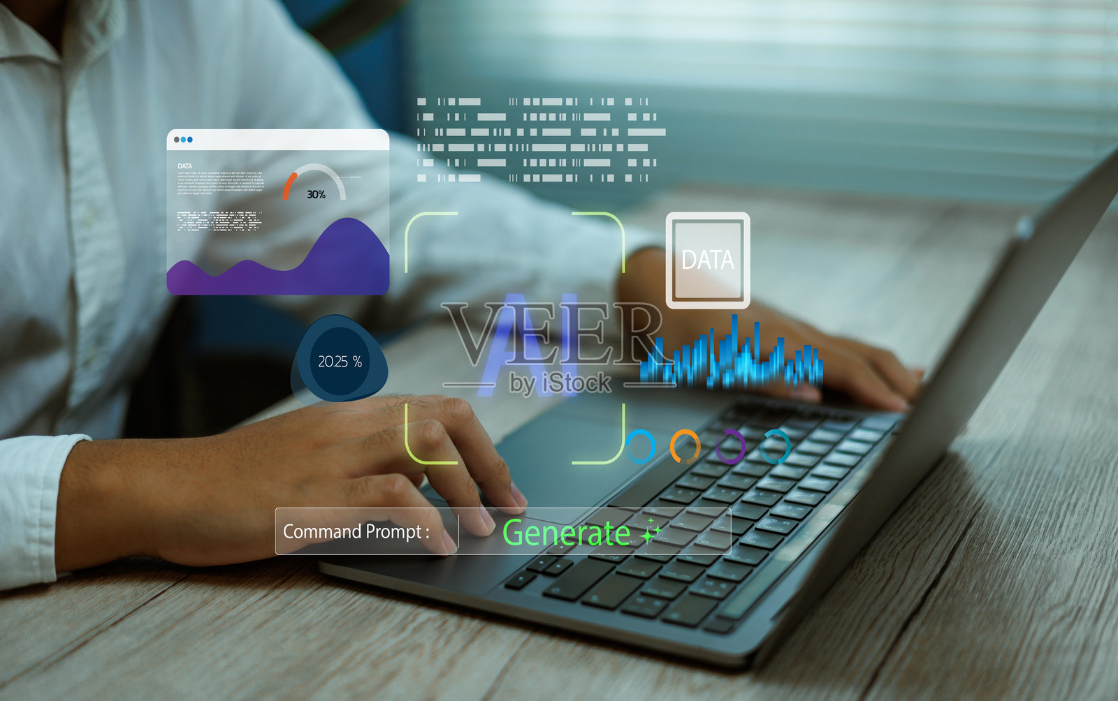 人工智能、数据分析和机器学习的图示，代表着人工智能、创新科学、现代商业创新和数字化未来转型，一名男子正在笔记本电脑上工作照片摄影图片