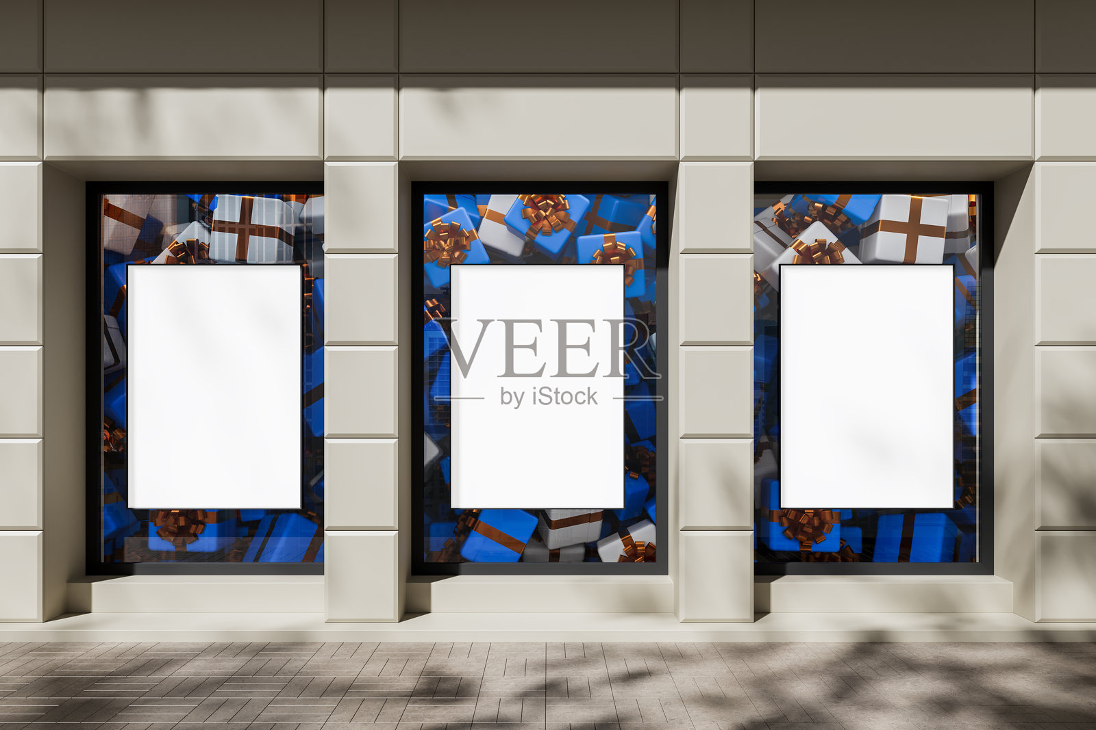 用于广告展示的店面橱窗展示模型，带有空白海报和节日蓝色礼品盒概念，背景为城市米色建筑墙壁。三维渲染。照片摄影图片