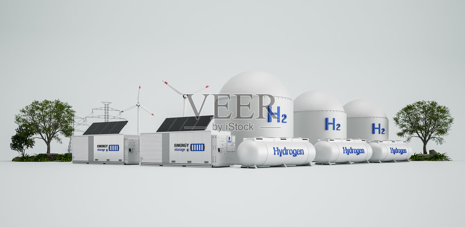 替代能源概念，包含一组储能系统或电池集装箱单元，以及各种能源来源照片摄影图片