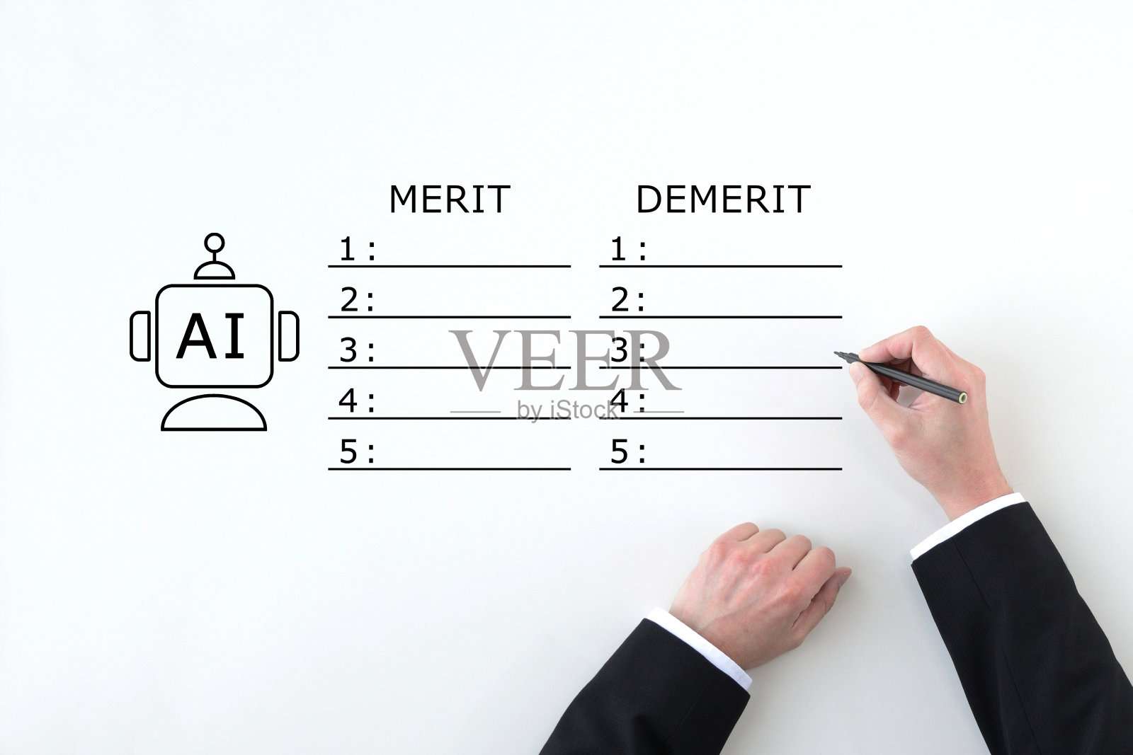 一名商人正在写下人工智能的优缺点列表的手照片摄影图片