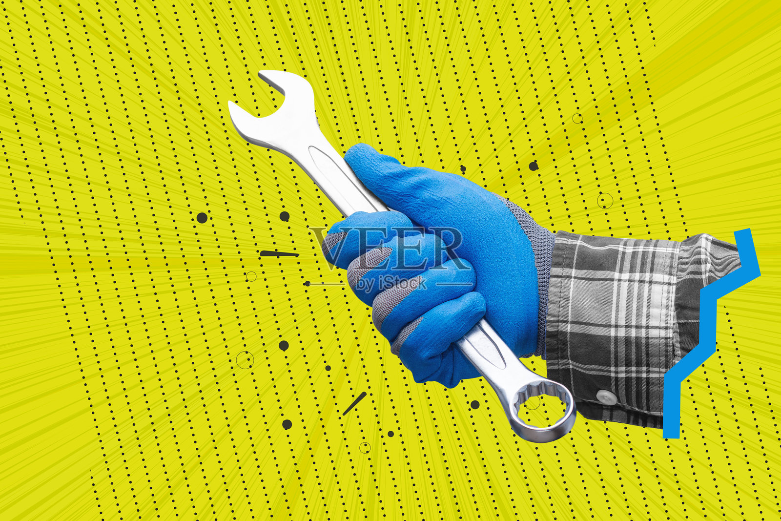 创意波普艺术拼贴画，画面中一只戴着蓝色手套的工人之手，在明亮的黄色抽象背景上握着一把金属扳手。概念涉及建筑、机械维修、DIY和体力劳动。照片摄影图片