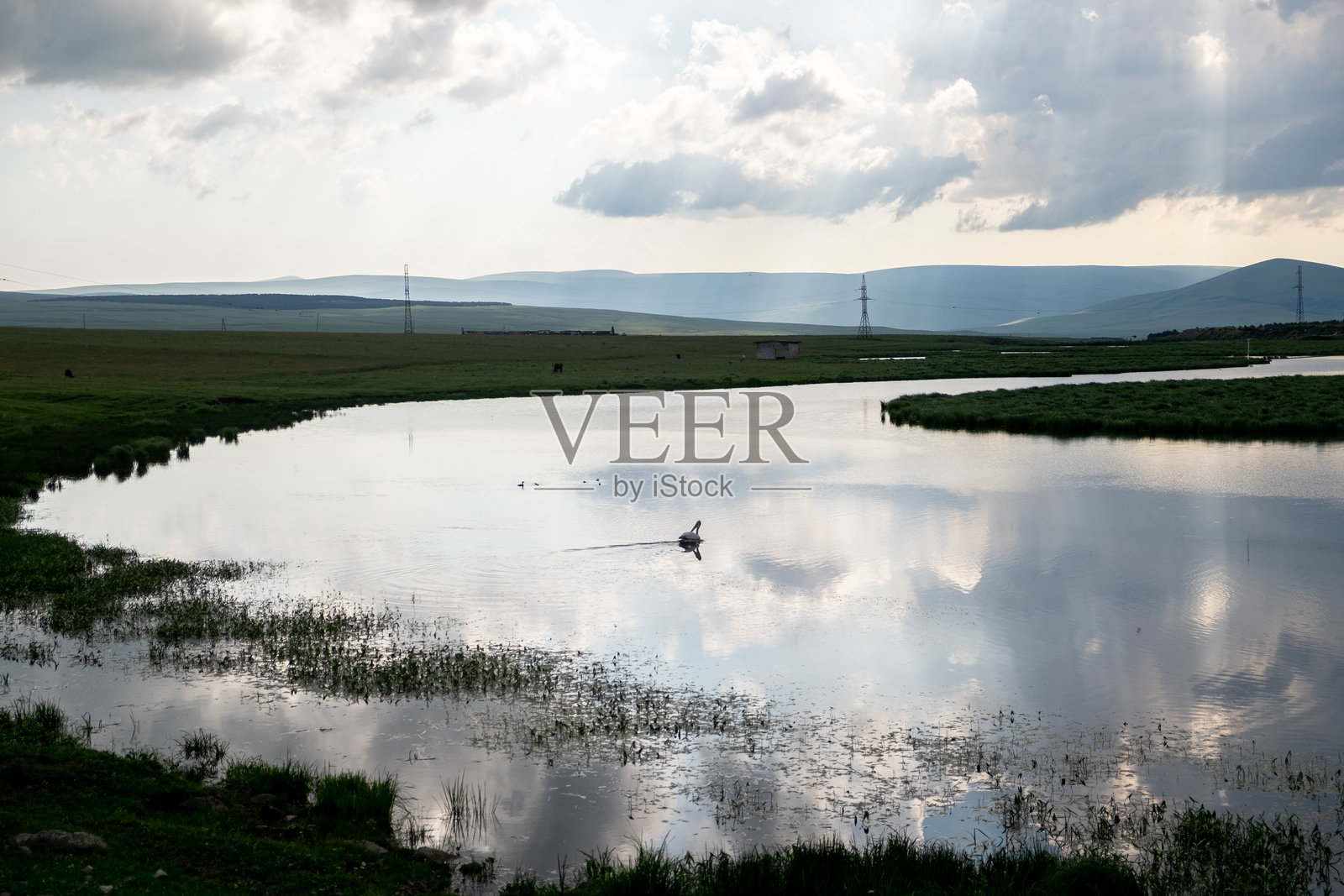 格鲁吉亚·贾瓦赫蒂。2020年7月18日。帕拉瓦尼湖，在开阔的草原景观中有一个小岛。照片摄影图片