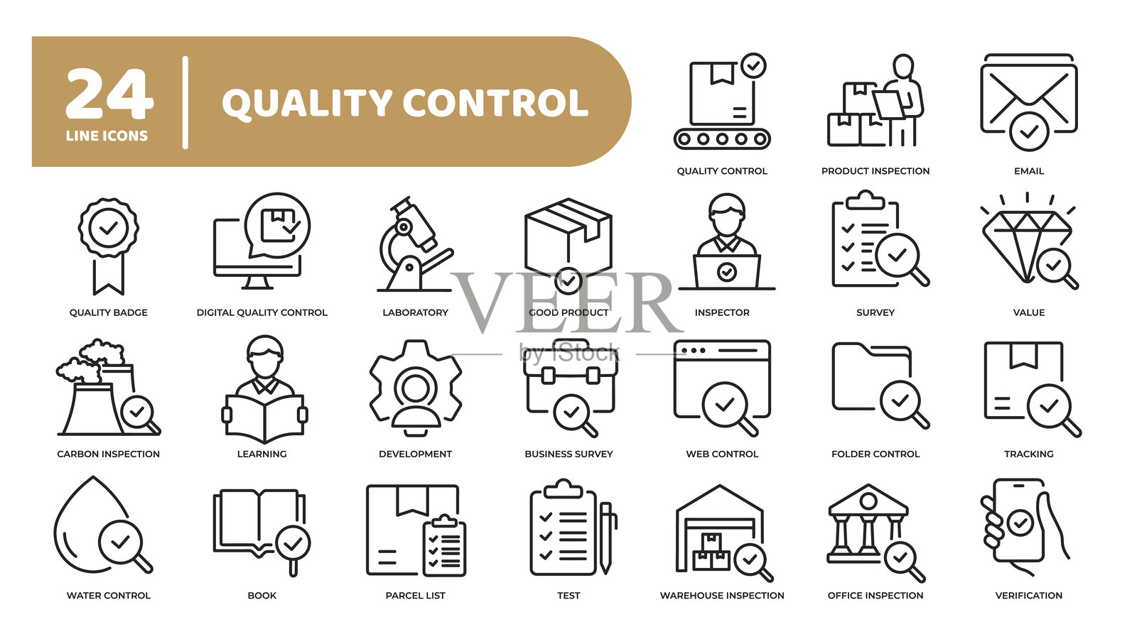 一套关于质量控制的线条图标集合。描边可编辑。透明背景上的完美像素插画图片素材