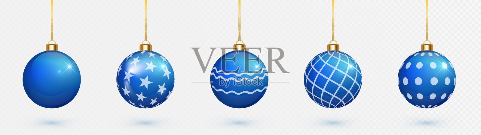 一套带有不同图案的蓝色圣诞球，节日圣诞树装饰矢量图，孤立。插画图片素材