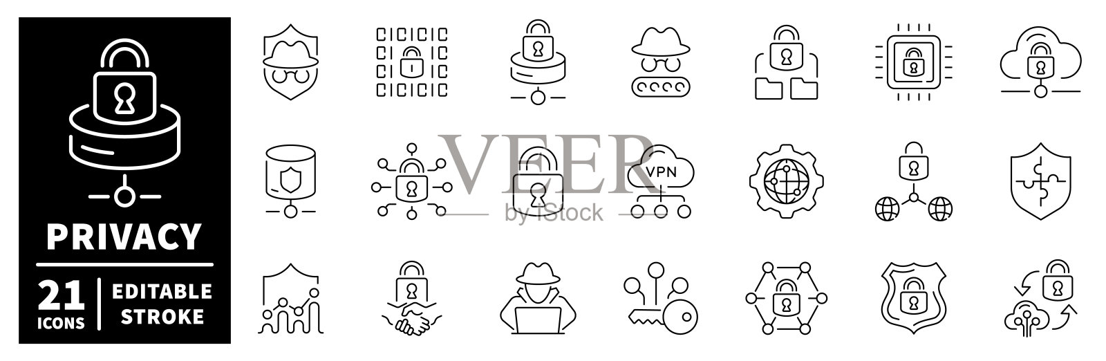 隐私和安全图标集。可编辑的线条图标，轮廓，保护符号插画图片素材