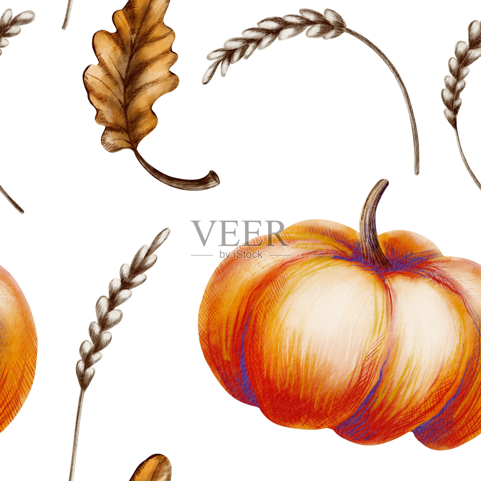 一只快乐的橙色南瓜，橡树叶，谷物，儿童风格的无缝图案，水彩晕染和纹理彩色铅笔。适用于秋季项目、婴儿房装饰和儿童纺织品。插画图片素材