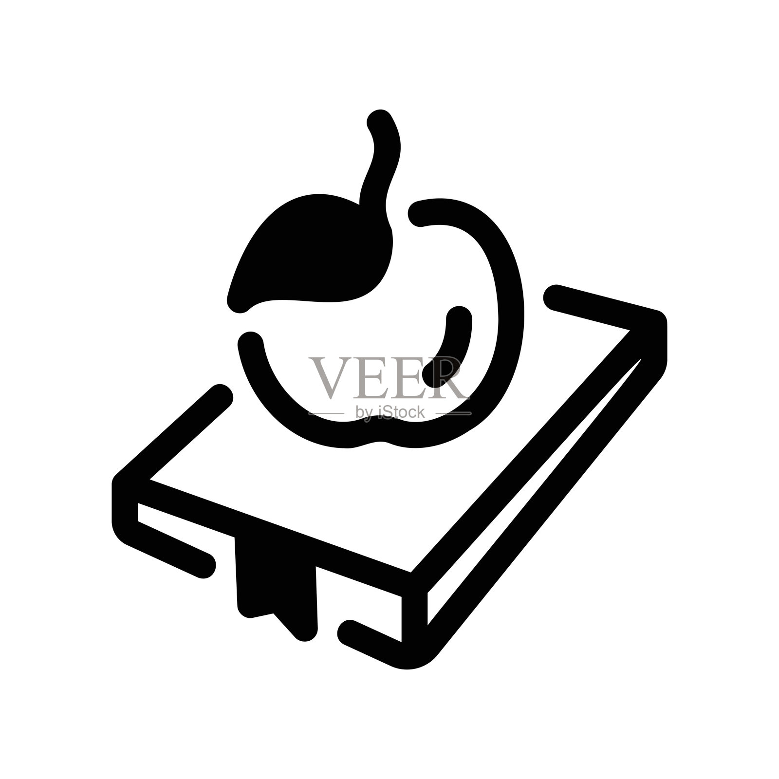 带叶子的新鲜苹果放在一本闭合的书上，书中有书签插画图片素材