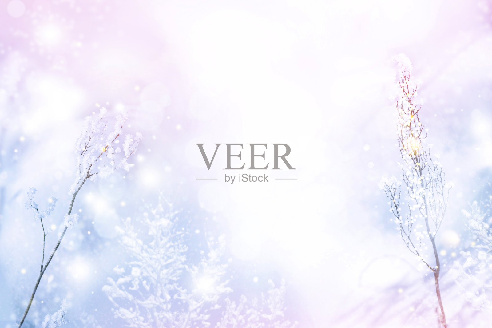 柔焦，模糊，散景。圣诞假期背景。冬季抽象背景，带有冰冻的草和雪。照片摄影图片