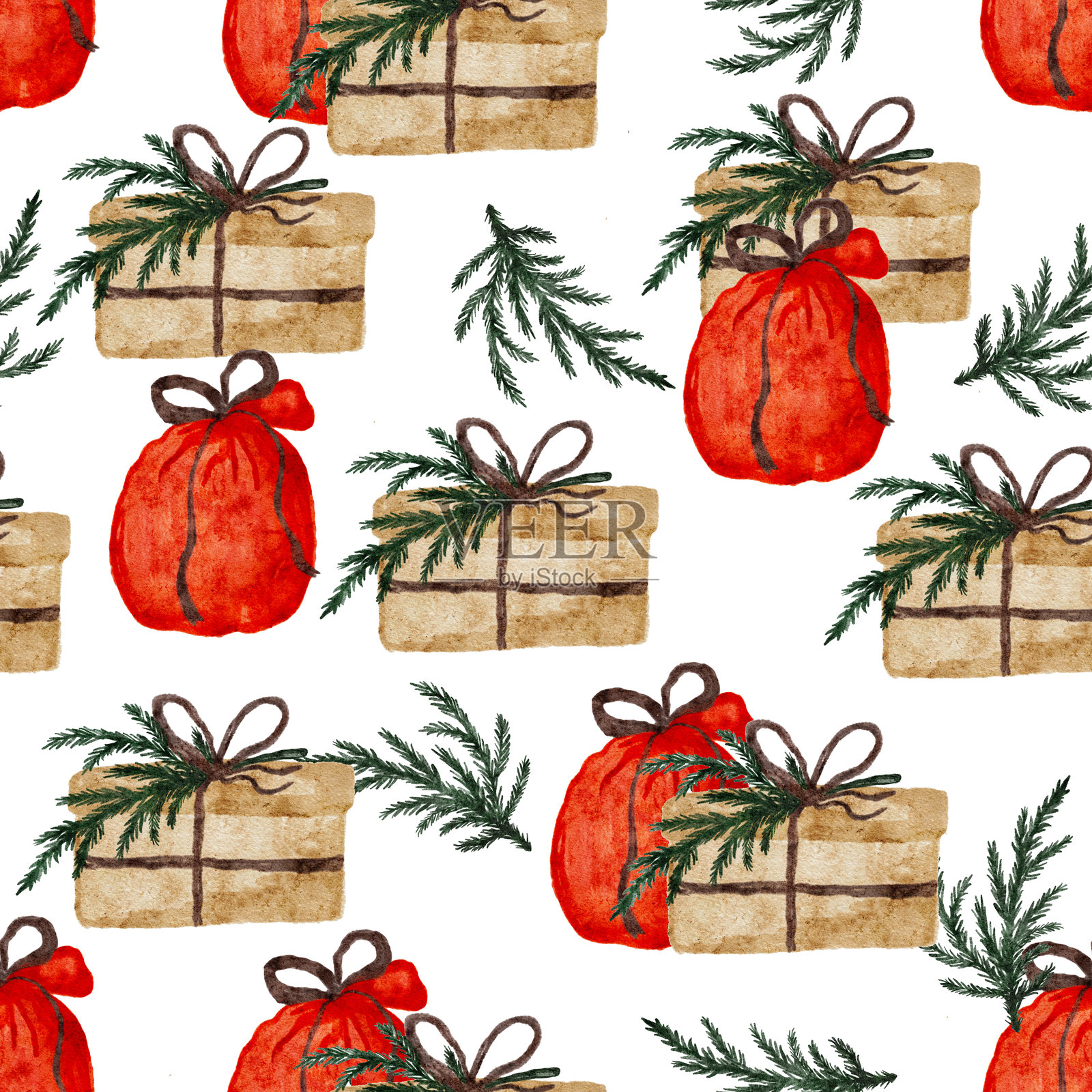 水彩圣诞礼物和常青树无缝图案。圣诞背景插画图片素材